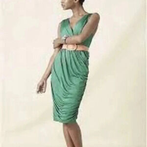 Anthropologie Deletta Emerald Green Wicklow  Silk Midi Dress Ruched M